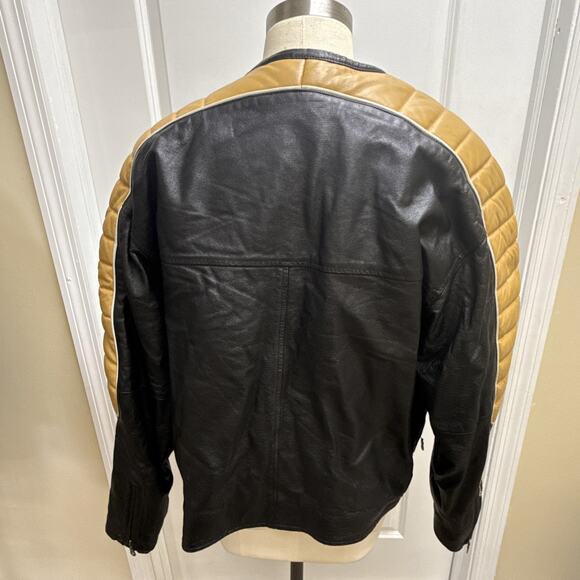 Men’s Leather MotoCross Racing Jacket Size L Black/Gold Patches Zip Front - Picture 2 of 14